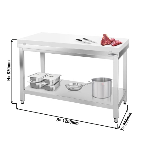 Stainless steel work table 1.2 m - with undershelf and cutting board