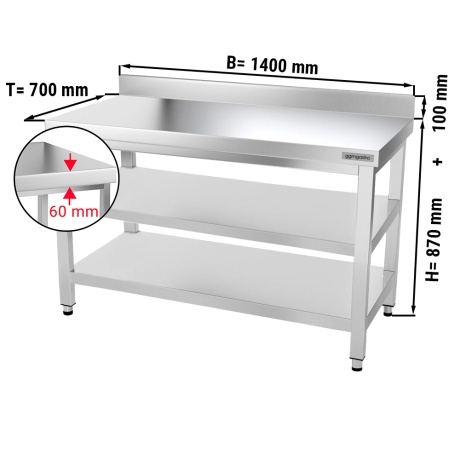 Stainless steel work table 1.4 m - with base shelf, intermediate shelf and holder