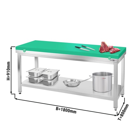 Stainless steel work table 1.8 m - with undershelf and cutting board