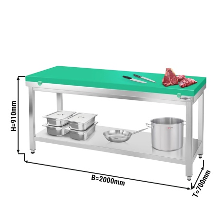Stainless steel work table 2.0 m - with undershelf and cutting board