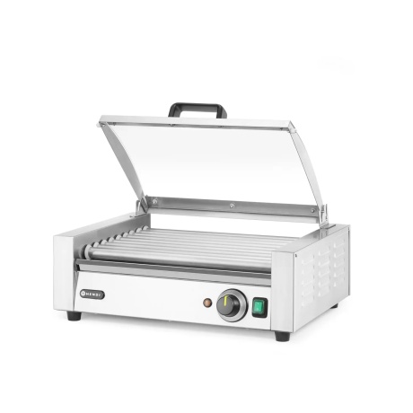 Sausage rolling grill, 1-zone with energy-saving cover, 9 rollers