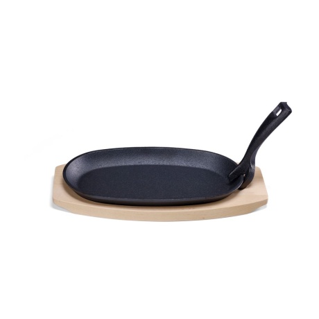 Cast iron platter with wooden underliner and gripper, hendi, black, 280x140x(h)30mm