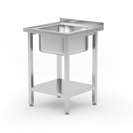 Sink table with shelf ā€“ bolted, depth 600 mm, hendi, budget line, sink bowl in the middle, 600x600x(h)850mm